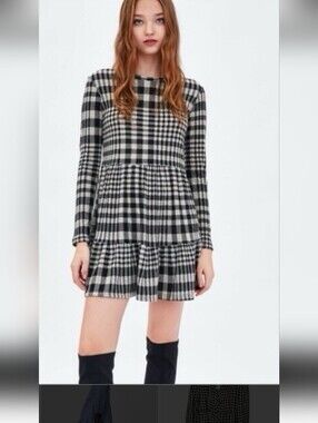 Zara Black & Cream Plaid Long-Sleeve Tiered Mini Dress Size Small